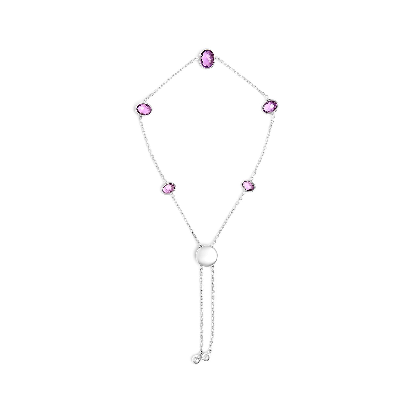 .925 Sterling Silver Bezel Set Purple Amethyst 5 Station Adjustable Bolo Bracelet