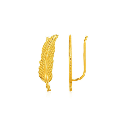 Boucles d'oreilles grimpantes Plume texturée en or jaune 14 carats