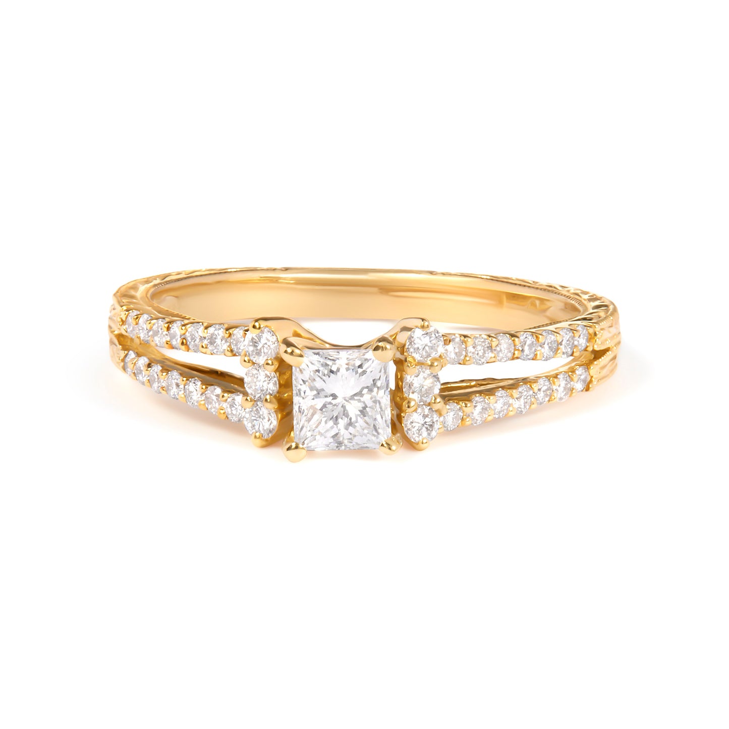 14K Yellow Gold Diamond 5/8 Cttw Princess Diamond Split Shank and Milgrain Engagement Ring (G-H Color, VS2-SI1 Clarity) - Size 7