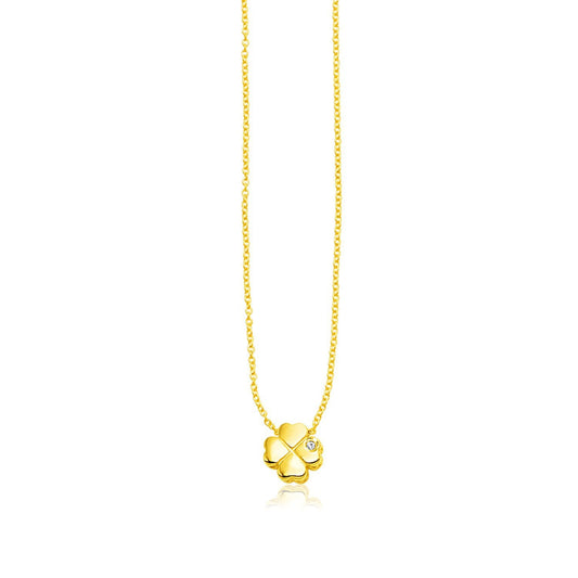 Collier trèfle à quatre feuilles poli en or jaune 14 carats avec diamant