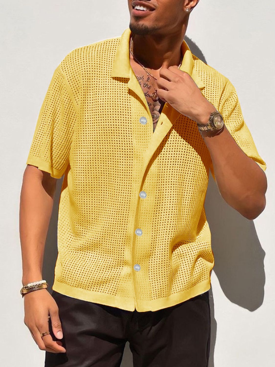 Men's Full Size Openwork Button Down Collared Neck Shirt Plus Size