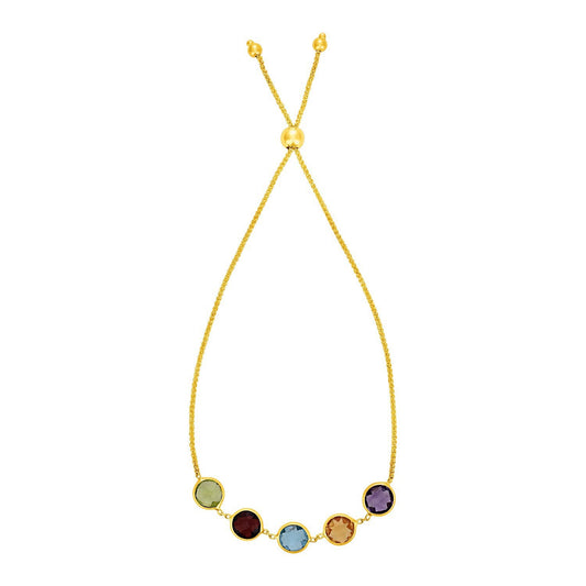 Bracelet ajustable avec grandes pierres précieuses rondes multicolores en or jaune 14 carats