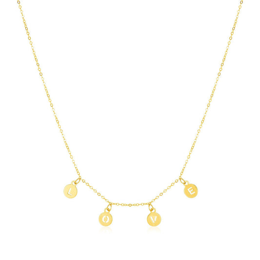 Collier en or jaune 14 carats avec cercles tombants, motif « Love »