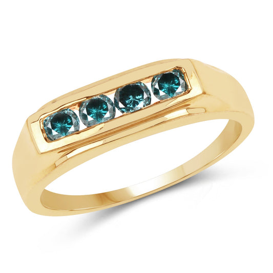 Bague en argent sterling 925 plaqué or jaune 14 carats avec diamant bleu véritable de 0,48 carat