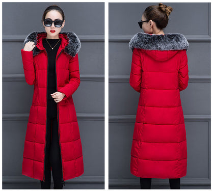 Hooded Padded Jacket with Fur Collar and Color Block