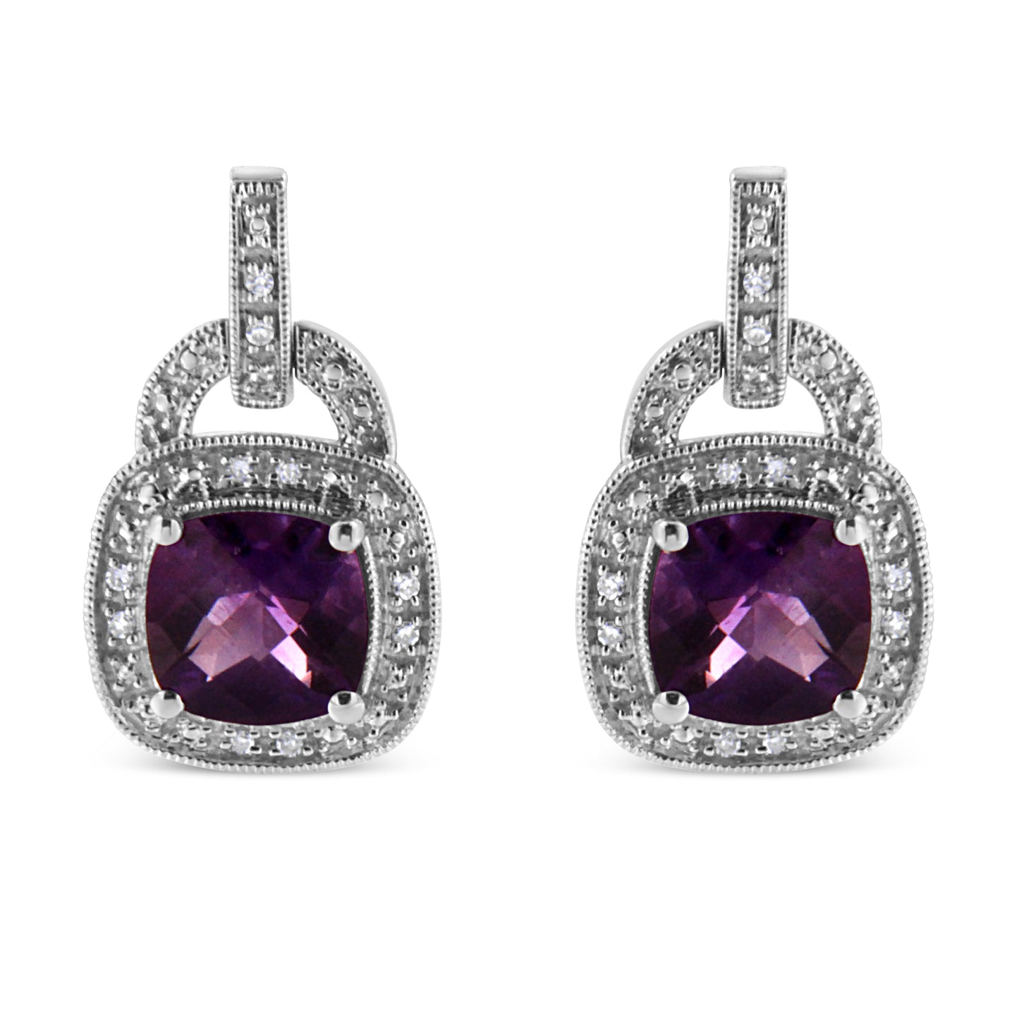 .925 Sterling Silver 8MM Natural Cushion Shaped Amethyst and Diamond Accent Halo with Push Back Dangle Earrings (I-J Color, I2-I3 Clarity)