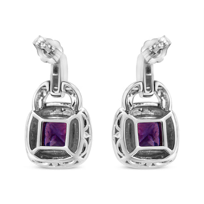.925 Sterling Silver 8MM Natural Cushion Shaped Amethyst and Diamond Accent Halo with Push Back Dangle Earrings (I-J Color, I2-I3 Clarity)