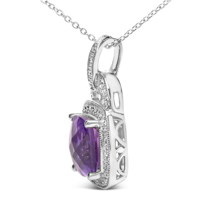 .925 Sterling Silver 10X10 MM Cushion Purple Amethyst and Diamond Accent Halo 18" Pendant Necklace (I-J Color, I1-I2 Clarity)