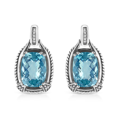.925 Sterling Silver 14x10MM Cushion Cut Blue Topaz Gemstone and Diamond Accent Dangle Earring (I-J Color, I1-I2 Clarity)