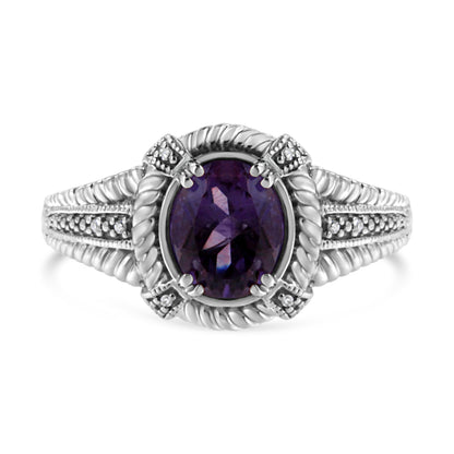 .925 Sterling Silver Prong Set Natural Oval Shape 9X7 MM Purple Amethyst Solitaire and Diamond Accent Ring (I-J Color, I1-I2 Clarity) - Ring Size 7