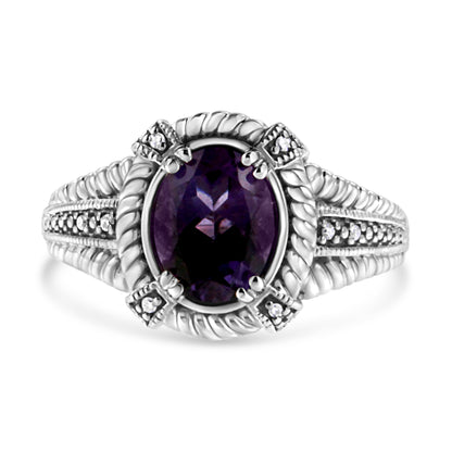 .925 Sterling Silver Prong Set Natural Oval Shape 9X7 MM Purple Amethyst Solitaire and Diamond Accent Ring (I-J Color, I1-I2 Clarity) - Ring Size 7