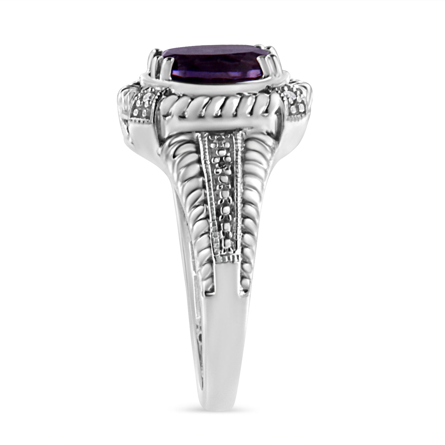 .925 Sterling Silver Prong Set Natural Oval Shape 9X7 MM Purple Amethyst Solitaire and Diamond Accent Ring (I-J Color, I1-I2 Clarity) - Ring Size 7