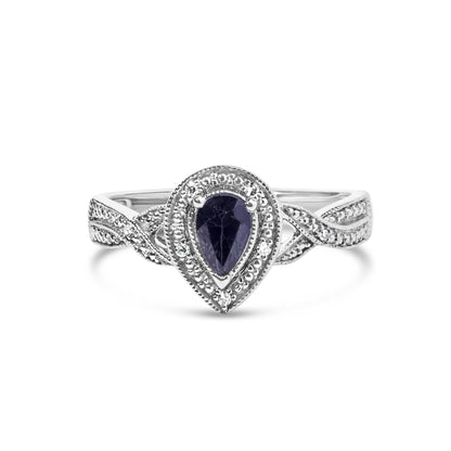 .925 Sterling Silver 6x4mm Pear Sapphire Gemstone with Diamond Accent Fashion Halo Ring (H-I Color, SI1-SI2 Clarity) - Size 7