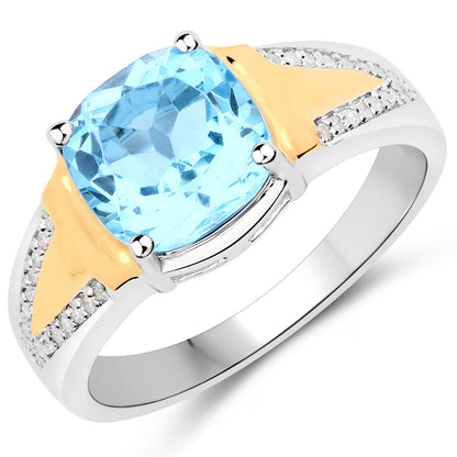2.74 Carat Genuine Swiss Blue Topaz and White Diamond .925 Sterling Silver Ring