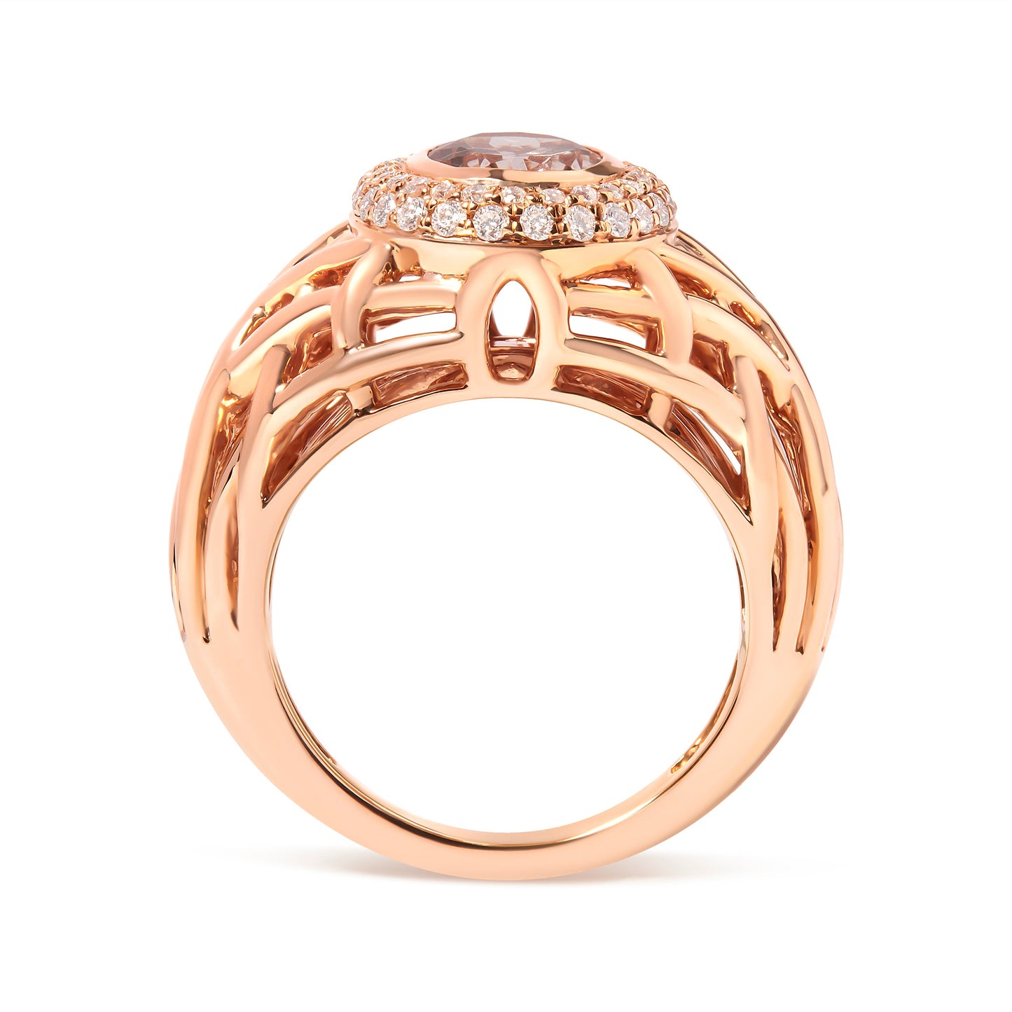 14K Rose Gold Oval Cut Light Pink Morganite and 3/8 Cttw Diamonds Halo and Basket Weave Cocktail Ring (G-H Color, SI1-SI2 Clarity) - Size 7