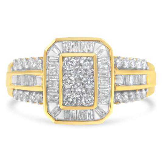 Bague cocktail en or jaune 10 carats avec diamants ronds et baguettes (1,0 carat total, couleur H-I, clarté SI2-I1) - Taille 7
