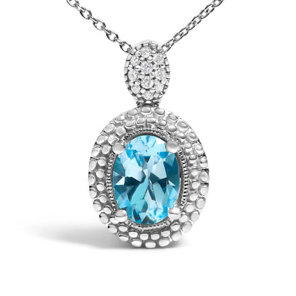 .925 Sterling Silver Oval Blue Topaz and Diamond Accent with Beaded Halo Pendant Necklace - 18" Inches