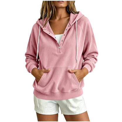 2026 Autumn New Style European Women's Dressy Corduroy Hooded Sweatshirt With Half-Closed Button And Drawstring Loose Top For Women