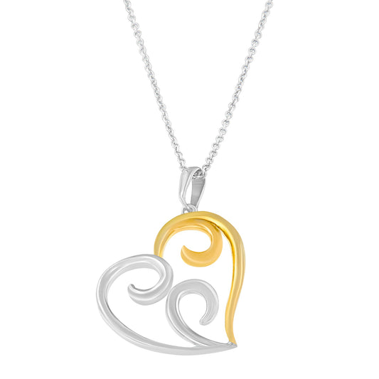 Collier Pendentif Cœur Ouvert avec Volutes en Or Jaune 10 carats sur Argent Sterling .925, Chaîne Maille Vénitienne 45 cm