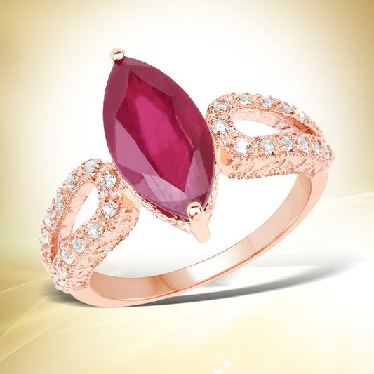 Bague en argent sterling 925 plaqué or rose 14 carats avec rubis rempli de verre de 5,11 carats et topaze blanche