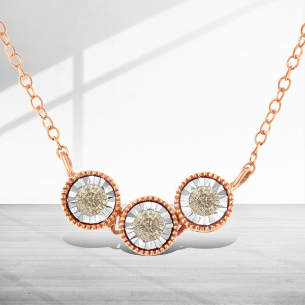 10K Rose and White Gold Plated .925 Sterling Silver 1/4 Cttw Miracle-Set Champagne Diamond Triple Circle 18" Necklace (I2-I3 Clarity)