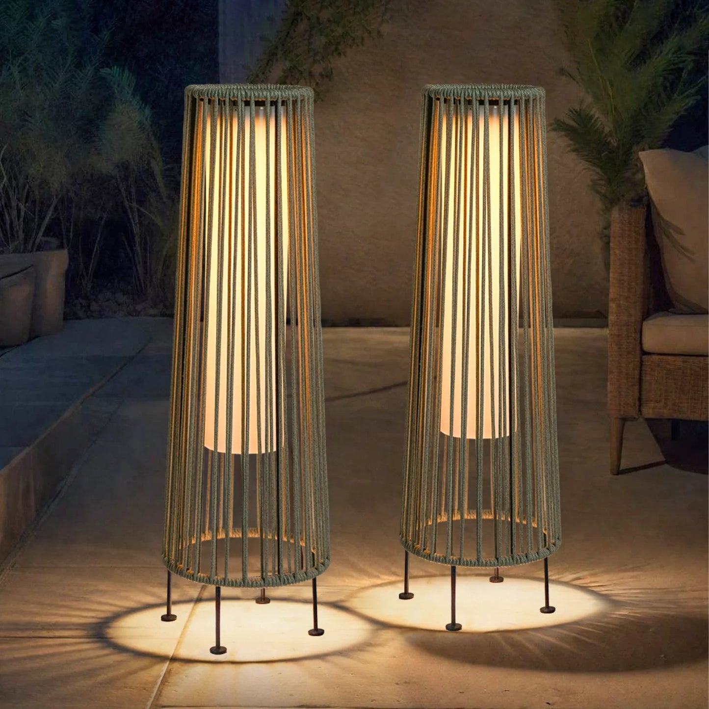 2 Piece Solar Powered Lantern Wicker Solar Patio Lamp Grey