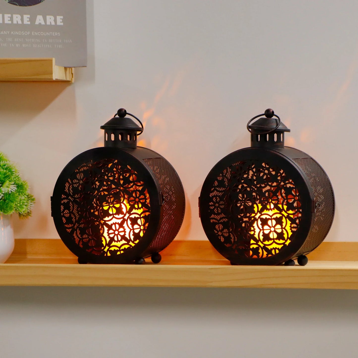 Set of 2 Round Vintage Metal Candle Lanterns 7.5" H