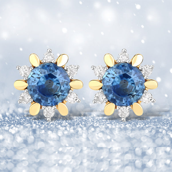1.87 Carat Genuine Blue Sapphire and White Diamond 14K Yellow Gold Earrings