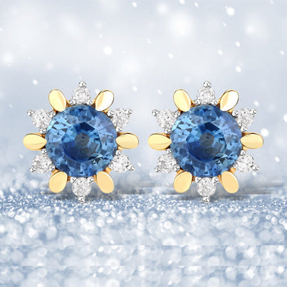 1.87 Carat Genuine Blue Sapphire and White Diamond 14K Yellow Gold Earrings