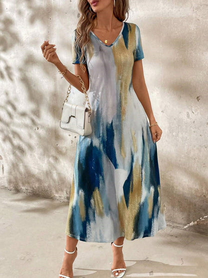 Tie-Dye V-Neck Short Sleeve Midi Tee Dress