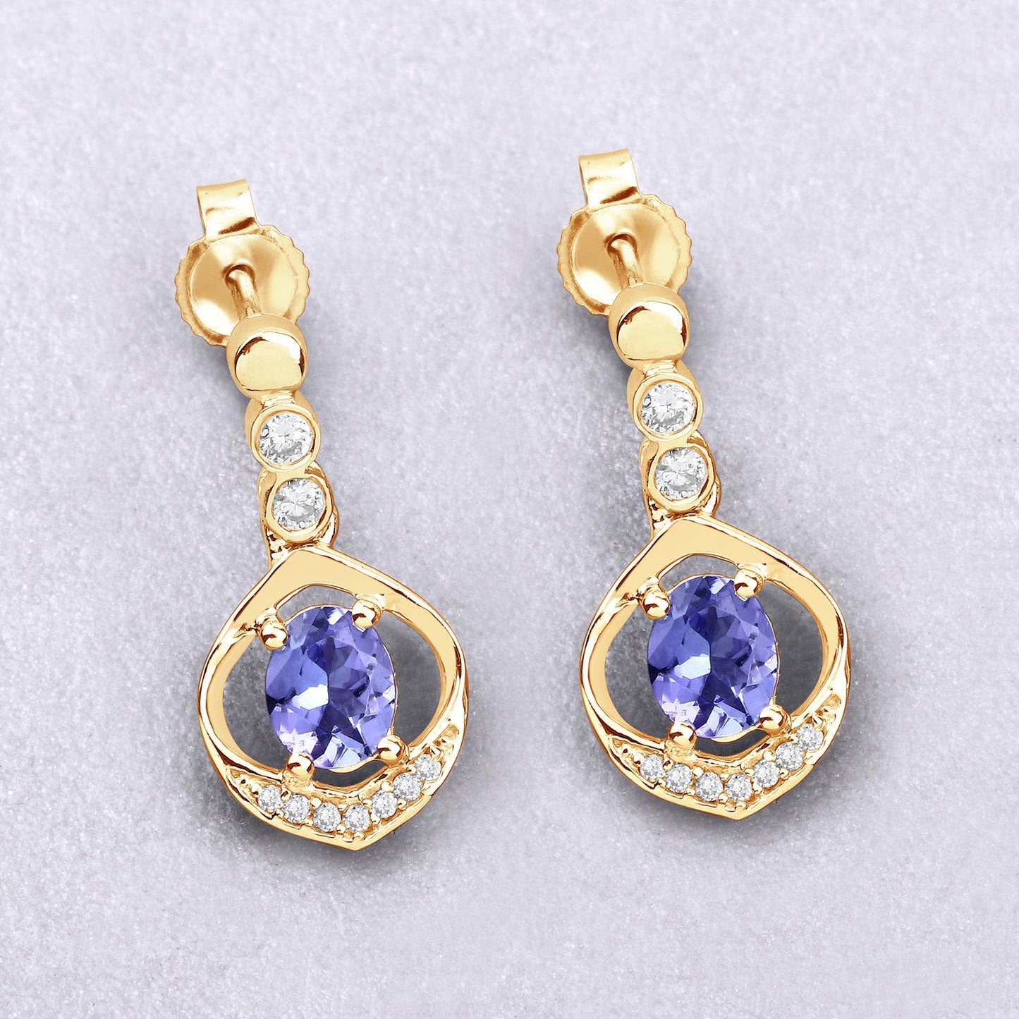 0.76 Carat Genuine Tanzanite and White Diamond 14K Yellow Gold Earrings
