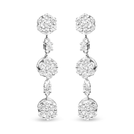 Boucles d'oreilles pendantes florales en or blanc 14 carats avec grappe de diamants de 2,00 carats (couleur I-J, pureté I1-I2)