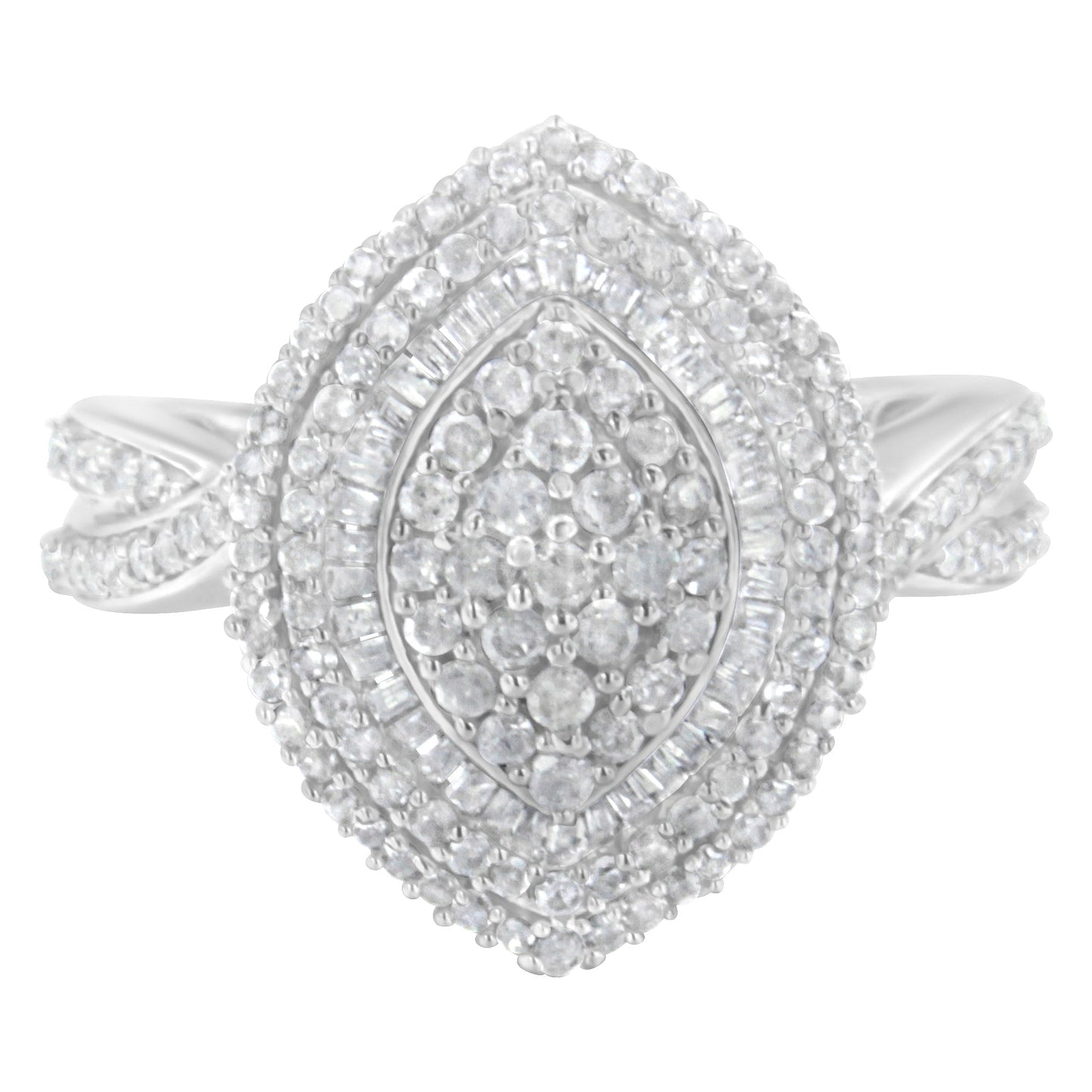 .925 Sterling Silver 1.0 Cttw Round & Baguette-Cut Diamond Marquise-Shaped Cluster Triple Stepped Halo Cocktail Fashion Ring (I-J Color, I2-I3 Clarity) - Size 7