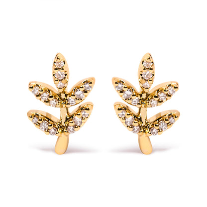 10K Yellow Gold 1/10 Cttw Diamond Accented Leaf and Branch Stud Earrings (H-I Color, I1-I2 Clarity)