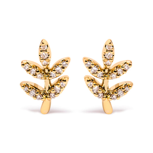 Puces d'oreilles feuille et branche avec diamants accentués or jaune 10K 1/10 Cttw (couleur H-I, pureté I1-I2)