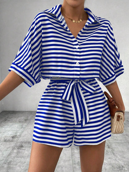 Tie Waist Half Button Striped Romper