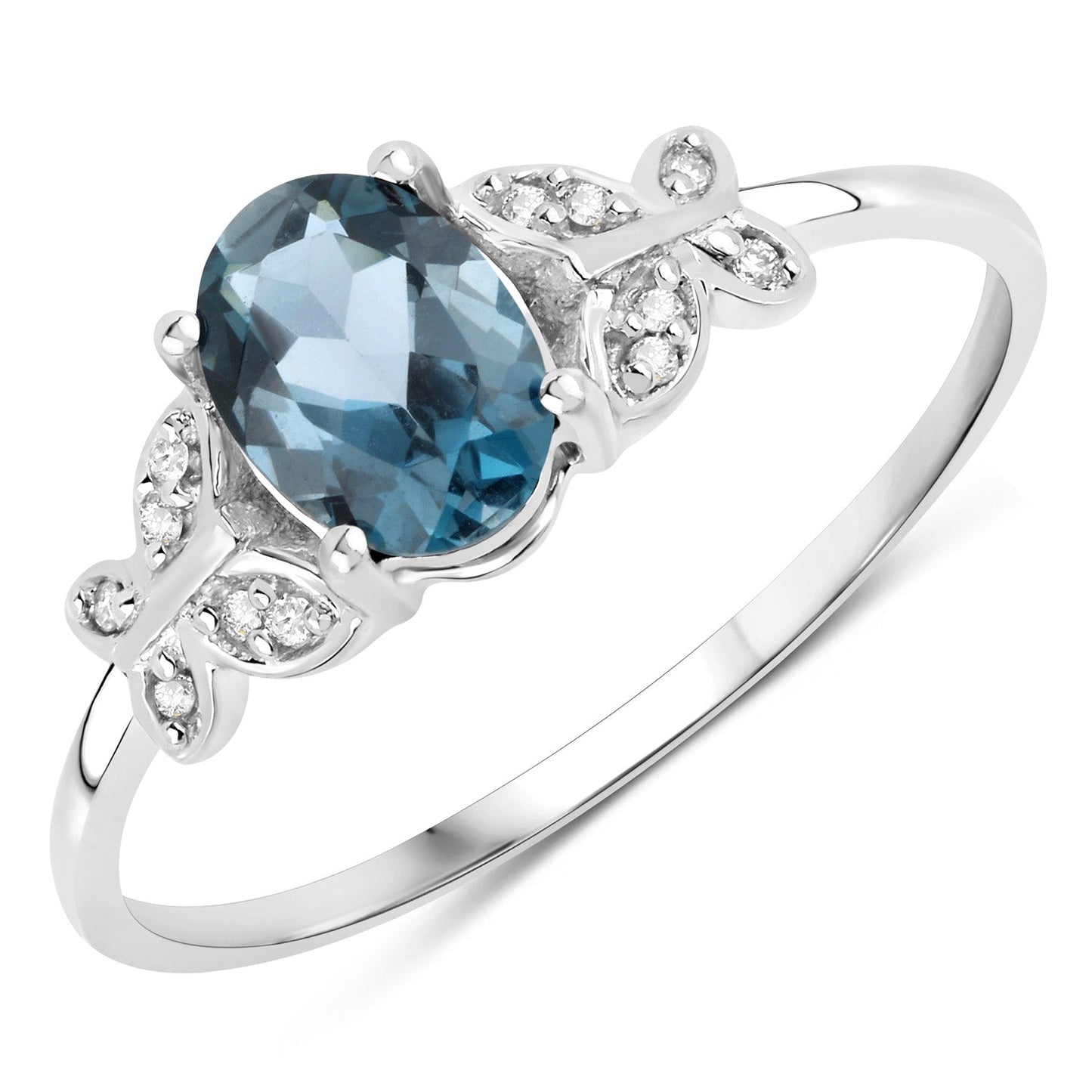 0.93 Carat Genuine London Blue Topaz and White Diamond 14K White Gold Ring