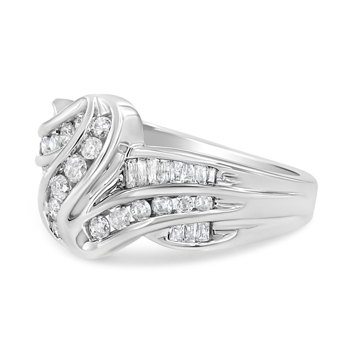 10K White Gold Ring 3/4 Cttw Round and Baguette-Cut Diamond Bypass Ring (H-I Color, I2-I3 Clarity) - Size 6