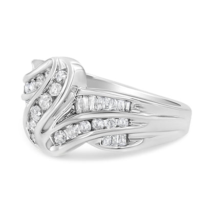 10K White Gold Ring 3/4 Cttw Round and Baguette-Cut Diamond Bypass Ring (H-I Color, I2-I3 Clarity) - Size 6