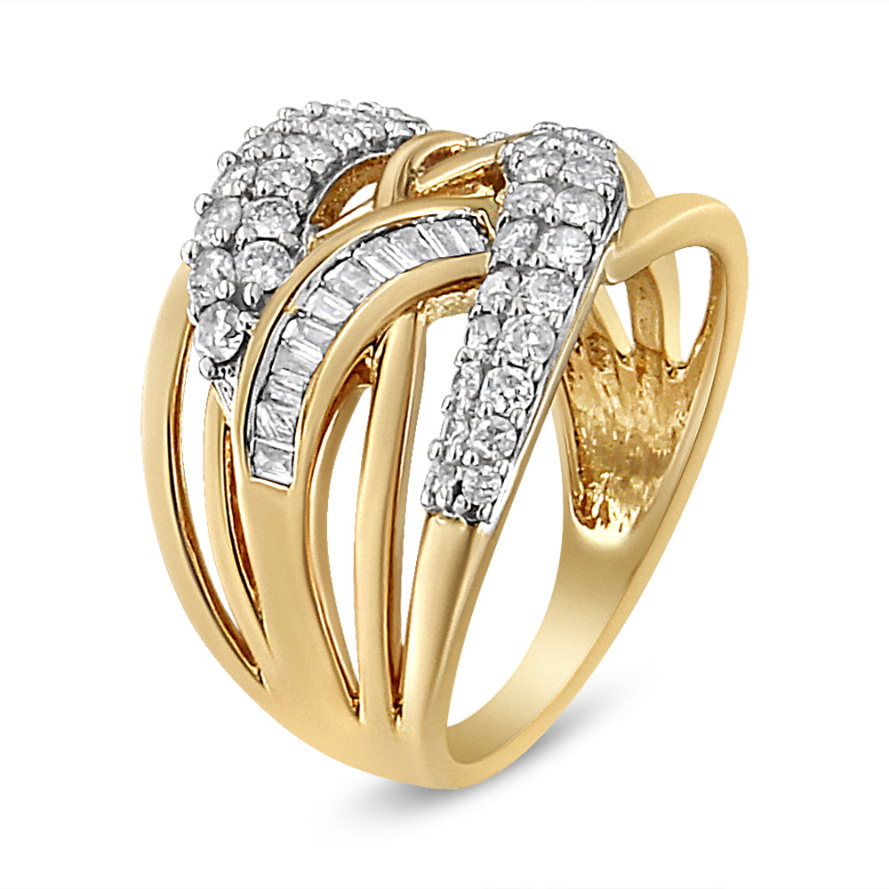 10K Yellow and White Gold 1.0 Cttw Round and Baguette-Cut Diamond Multirow Interwoven Cocktail Ring (I-J Color, I2-I3 Quality) - Size 7