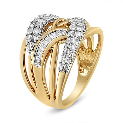 10K Yellow and White Gold 1.0 Cttw Round and Baguette-Cut Diamond Multirow Interwoven Cocktail Ring (I-J Color, I2-I3 Quality) - Size 7