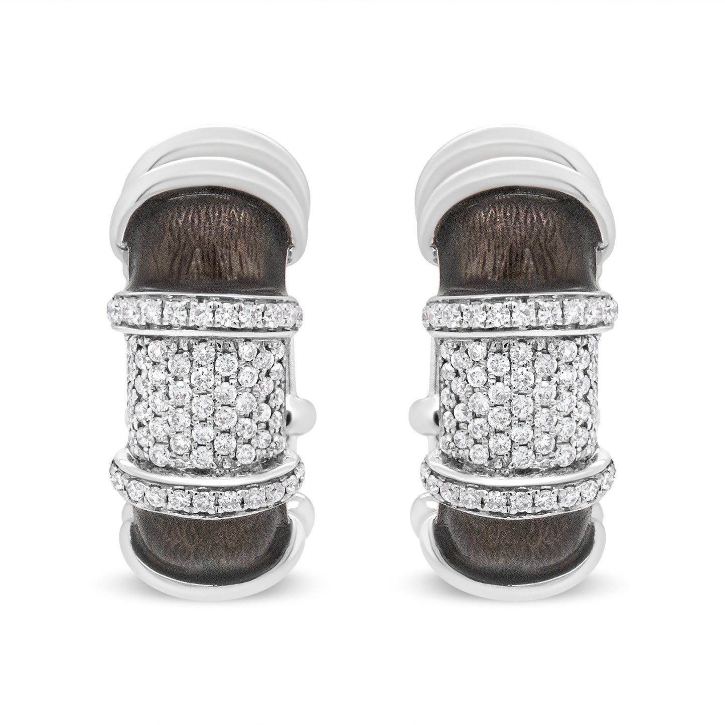 18K White Gold Flash Plated .925 Sterling Silver Clear Graphite Grey Enamel 5/8 Cttw Round Diamonds Huggie Hoop Earrings (F-G Color, VS1-VS2 Clarity)