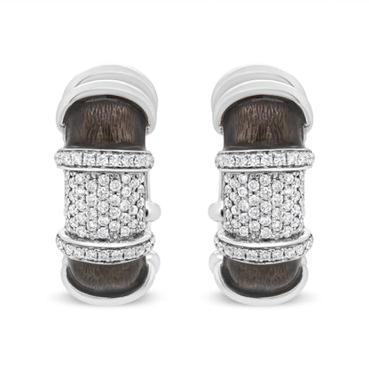 18K White Gold Flash Plated .925 Sterling Silver Clear Graphite Grey Enamel 5/8 Cttw Round Diamonds Huggie Hoop Earrings (F-G Color, VS1-VS2 Clarity)