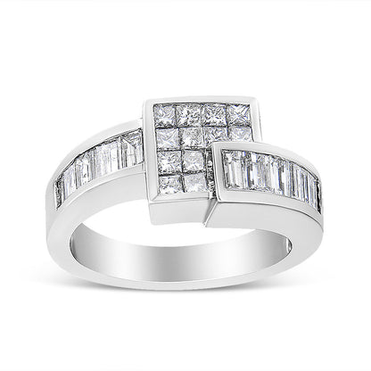 14K White Gold 1 1/2 Cttw Invisible-Set Princess and Channel-Set Baguette Diamond Geometric Bypass Ring Band (G-H Color, SI2-I1 Clarity) - Ring Size 7
