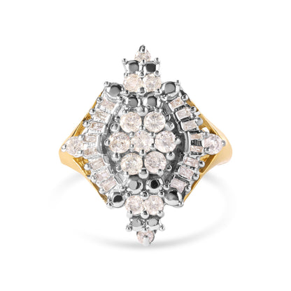 10K Yellow Gold 1 Cttw Round and Baguette cut Diamond Cluster and Rhombus Halo Ring (H-I Color, I1-I2 Clarity) - Ring Size 7