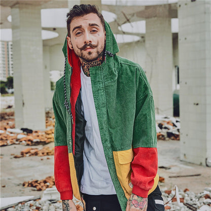 Corduroy Hip-Hop Patchwork Hooded Jacket for Couples
