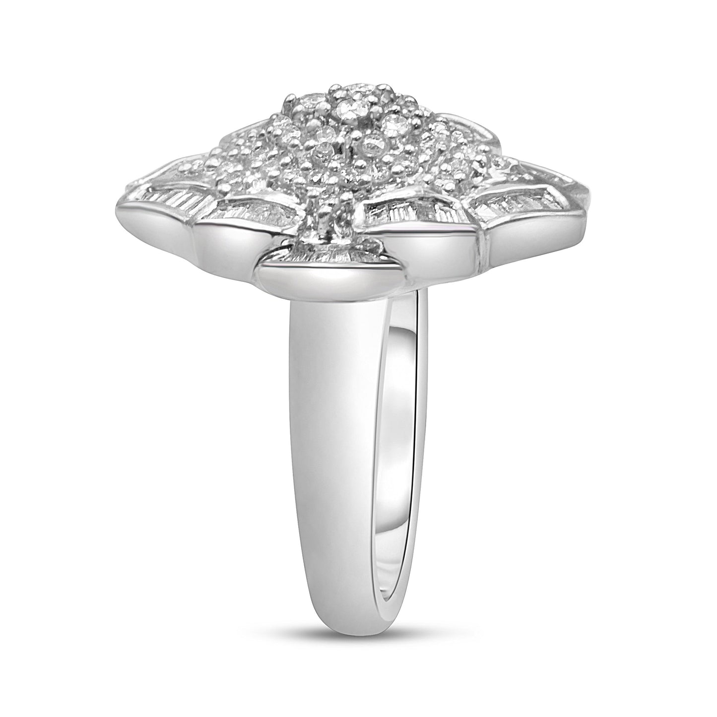 14K White Gold 7/8 Cttw Round and Baguette-Cut Diamond Cluster Ring (H-I Color, SI2-I1 Clarity) - Size 7
