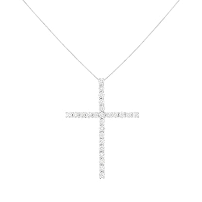 .925 Sterling Silver 3.0 Cttw Round Shape Diamond 1-1/2" Cross Pendant with Box Chain Necklace (I-J Color, I2-I3 Clarity) - 18"