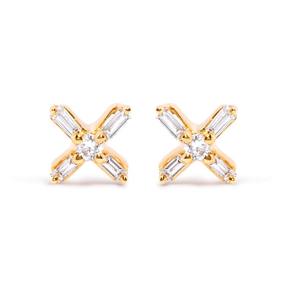 10K Yellow Gold 1/10 Cttw Round and Baguette Diamond Criss Cross X Stud Earring (H-I Color, I1-I2 Clarity)
