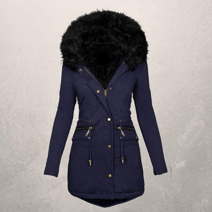 Medium Length Hooded Cotton Padded Jacket with Wool Collar